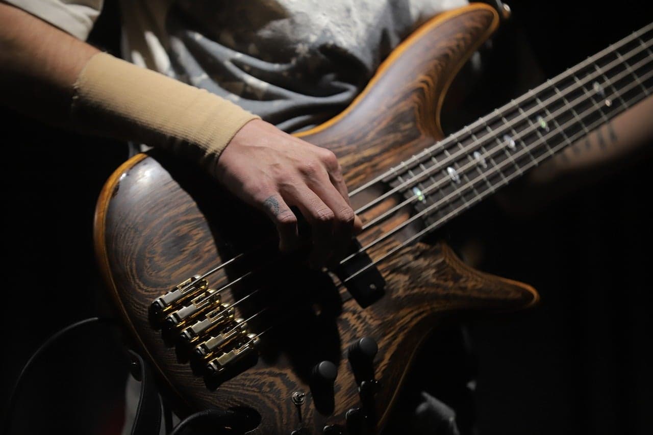 Close-up of a bass guitar being played